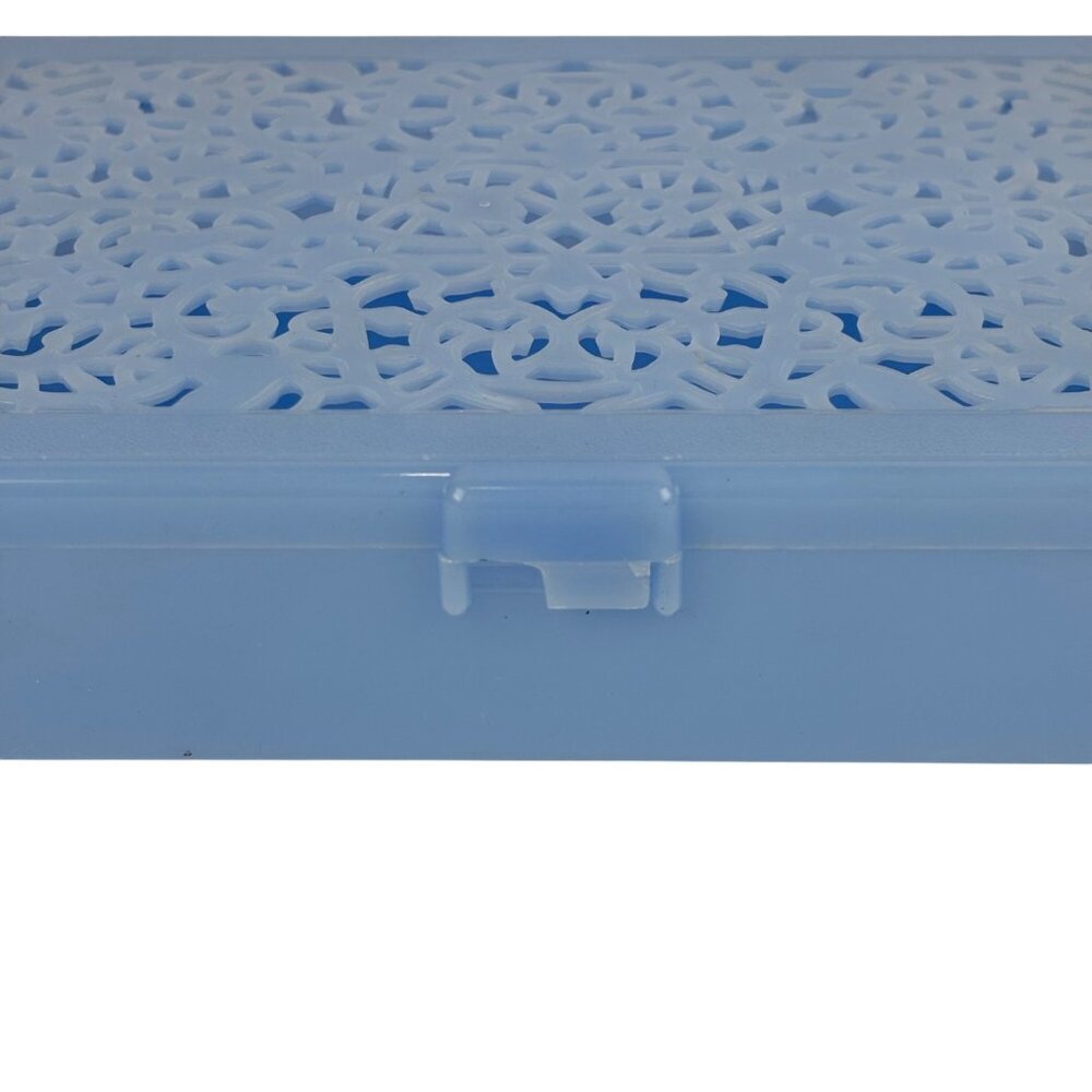 Vintage 60s Plastic Storage Box Baby Blue Cutwork Top Vanity Jewelry Trinkets - Picture 9 of 10